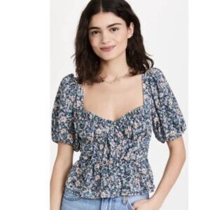 ASTR the Label Clairemont Top Womens Large Floral Puff Sleeve Square Neck Boho